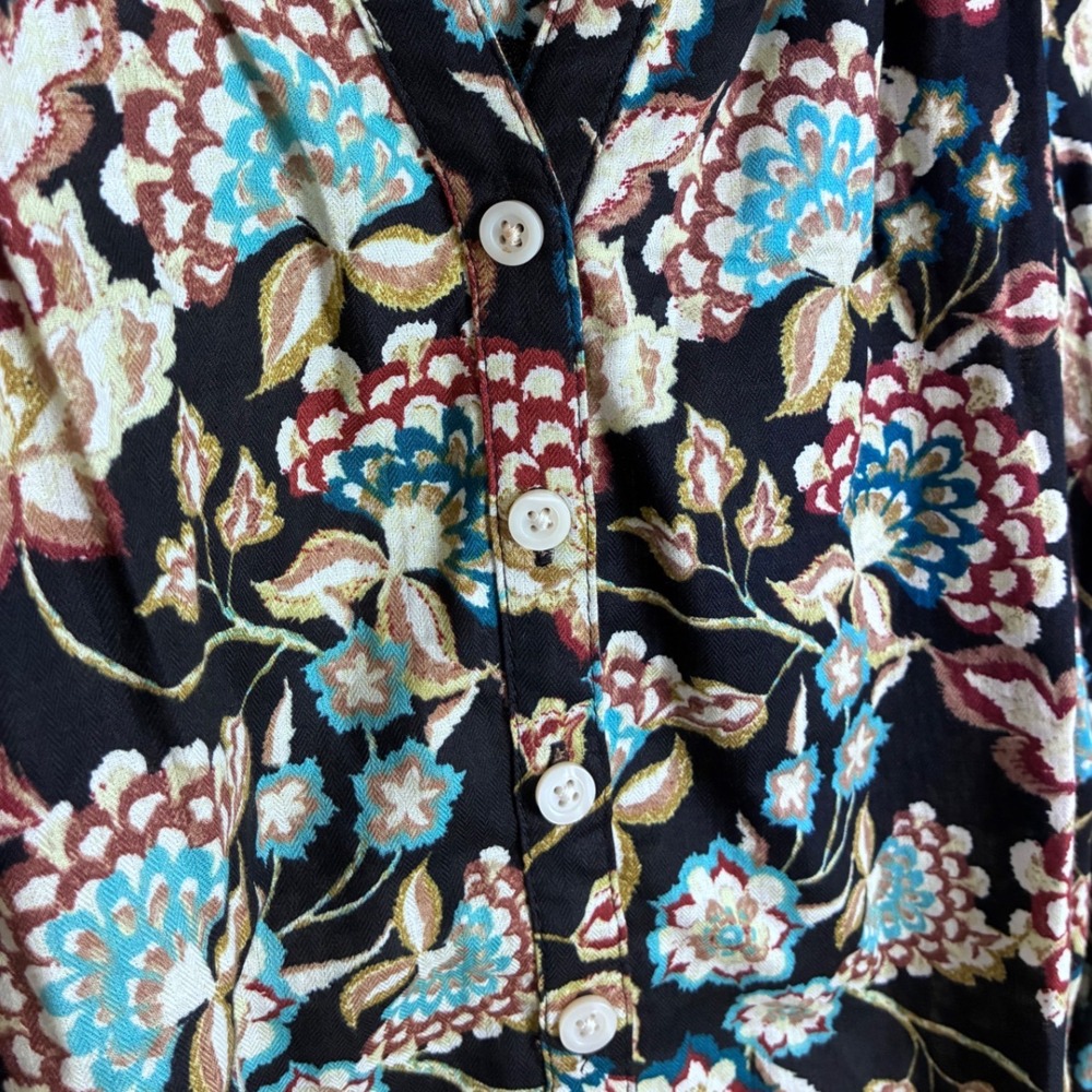 A.N.A. Black Teal Floral Boho Peasant Blouse Top L Cotton - Picture 7 of 10